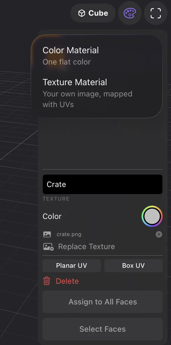 The same panel with the + menu open: Color Material, One flat color; Texture Material, Your own image, mapped with UVs.