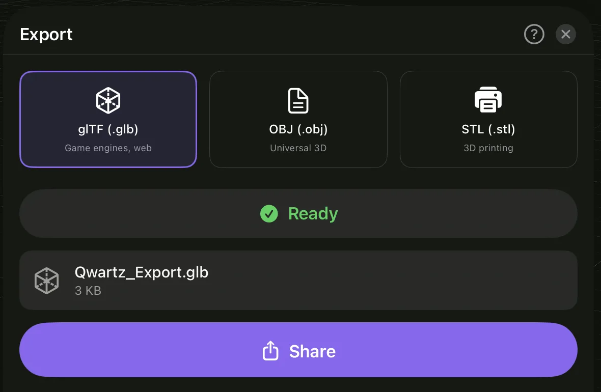 The Export sheet after exporting: Ready, the file Qwartz_Export.glb, and the Share button.