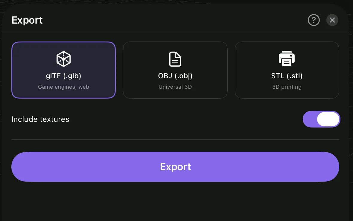 The Export sheet with glTF (.glb) chosen among glTF, OBJ and STL, the Include textures switch on, and the Export button.