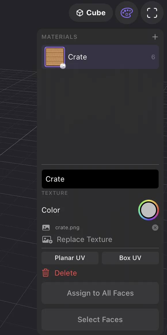 The Materials panel: the Crate material in the list with its image, then its name, crate.png, Replace Texture, the Planar UV and Box UV buttons, Delete, Assign to All Faces and Select Faces.