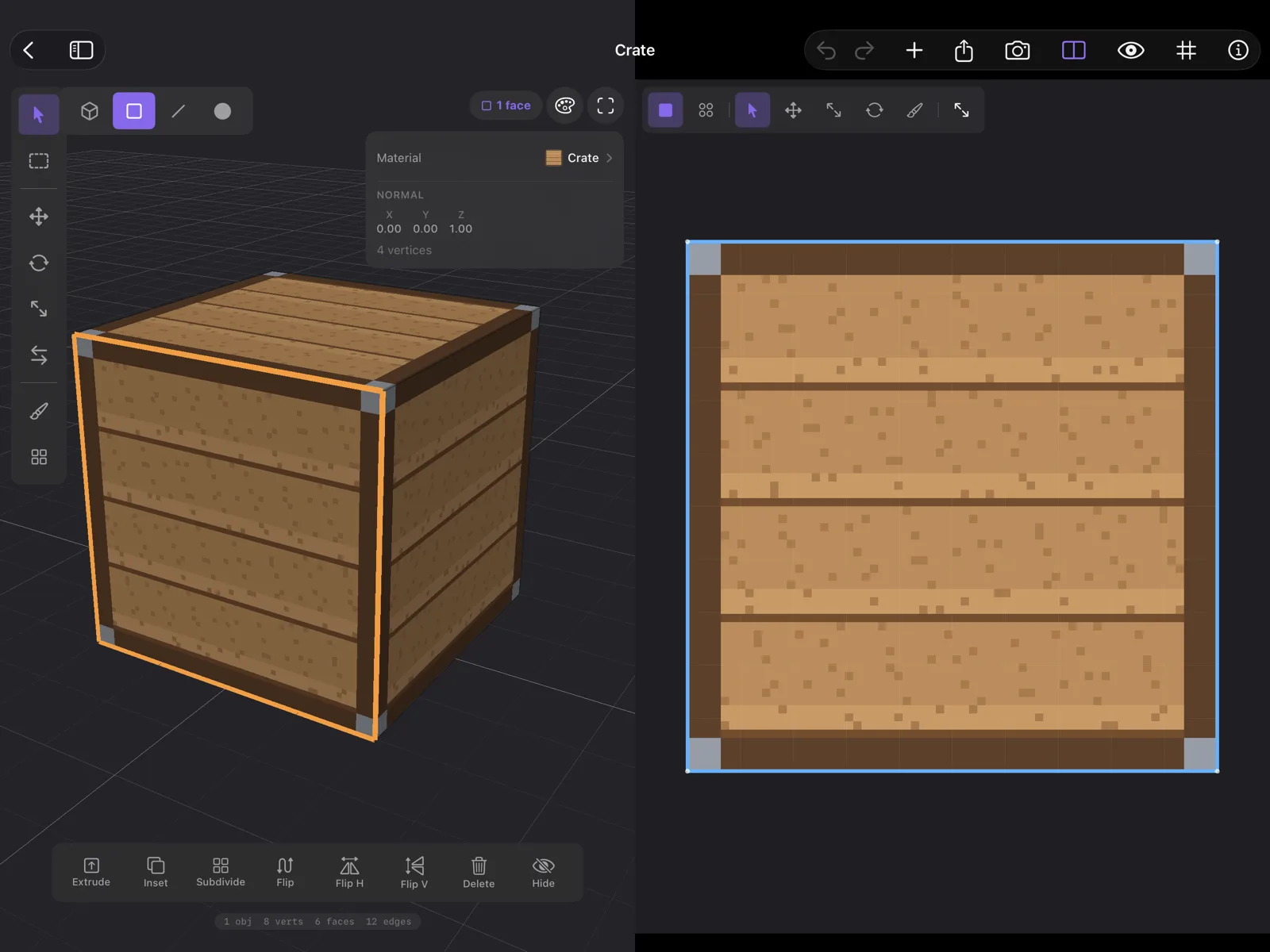 Qwartz on iPad with the UV editor open on the right: one face of a crate is selected in the 3D view on the left, and its UVs are outlined in blue around the crate texture.